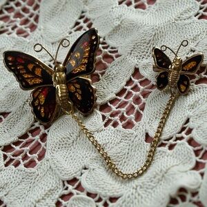 Vintage Enamel Butterfly Double Brooch Sweater Guard